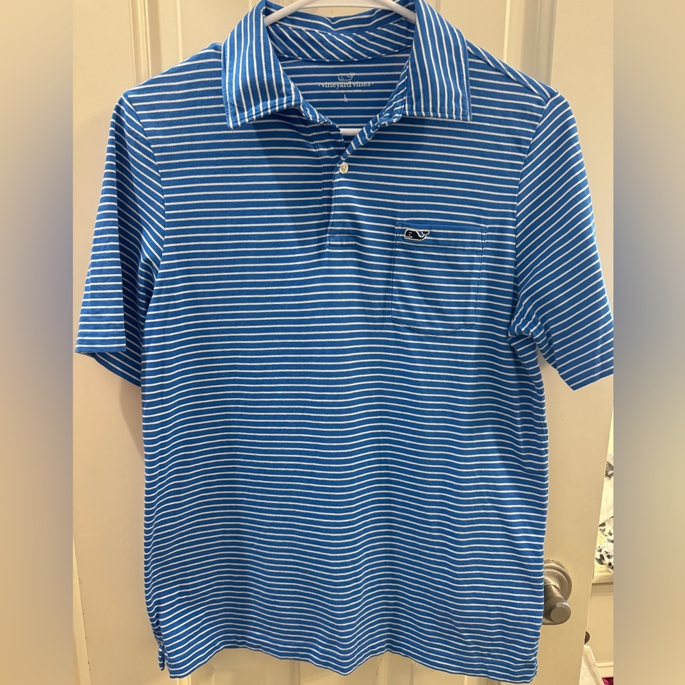 Vineyard Vines Boys Polo Short Sleeve Blue/White Stripe Sz L (16) NWOT